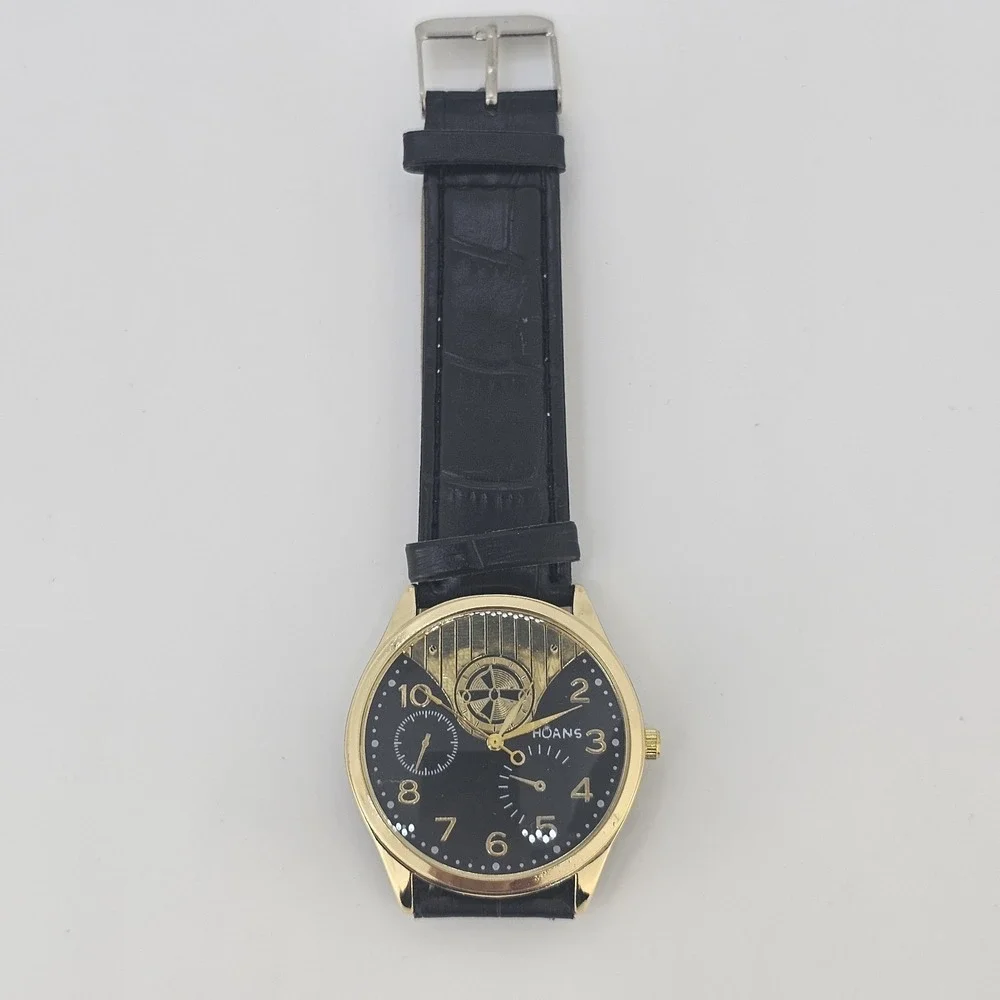 Men's Analog Watch 38MM Black Dial Black Faux Leather‎ Bands New Battery